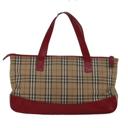 Luxury BurberrySs Nova Check Hand Bag Canvas Beige Red Auth yk12931