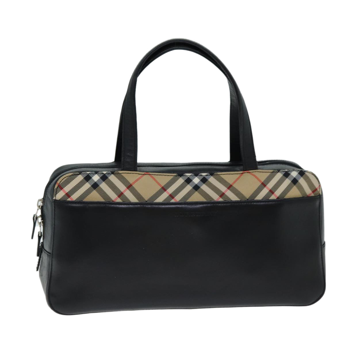 Luxury Burberry Nova Check Hand Bag Leather Canvas Black Beige Auth yk13164