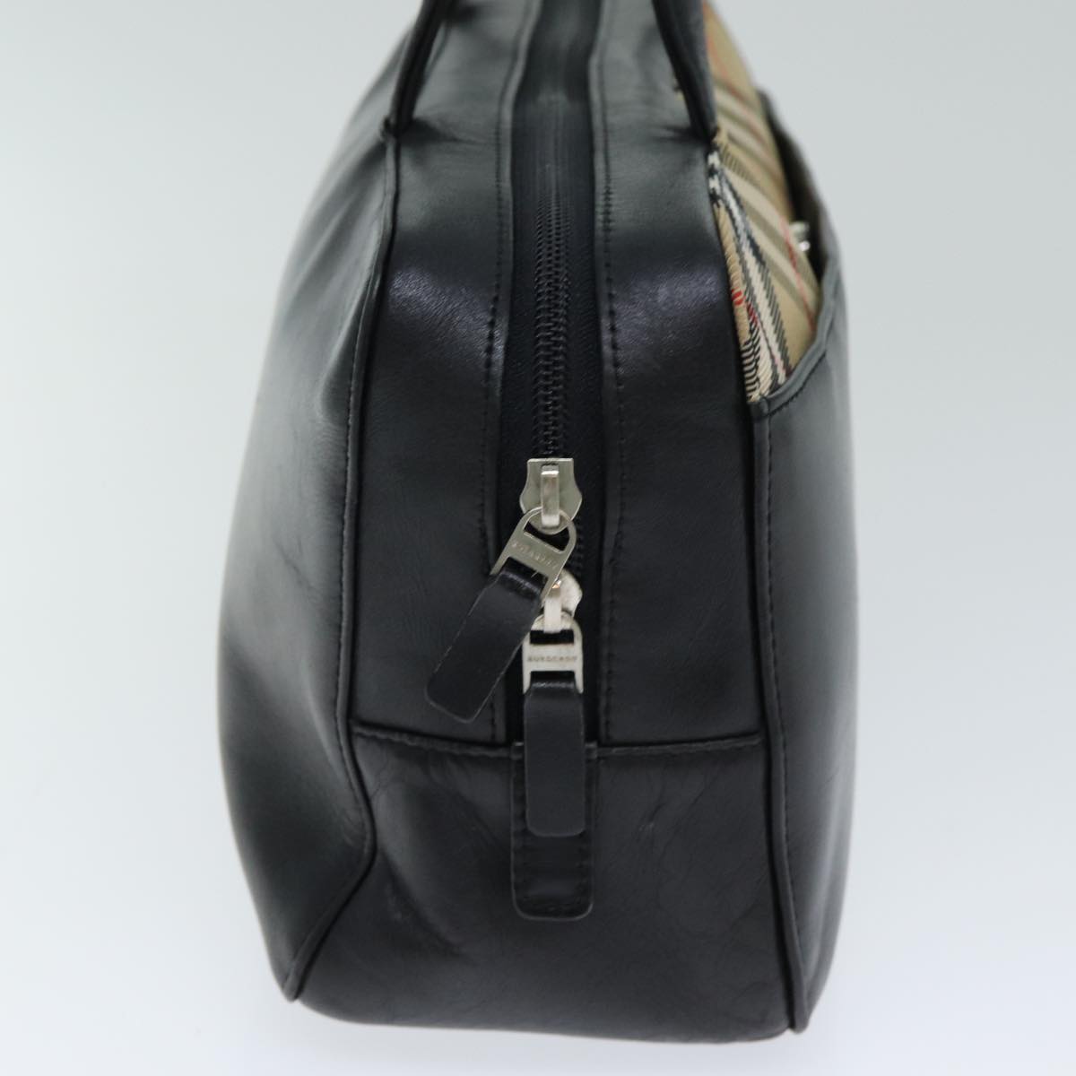 Luxury Burberry Nova Check Hand Bag Leather Canvas Black Beige Auth yk13164