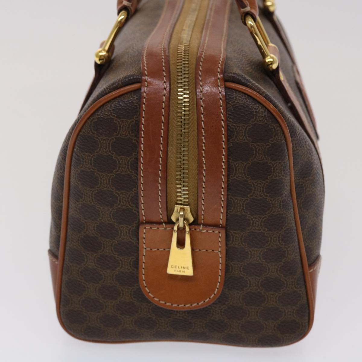 Luxury CELINE Macadam Canvas Boston Bag PVC Leather Brown 7604