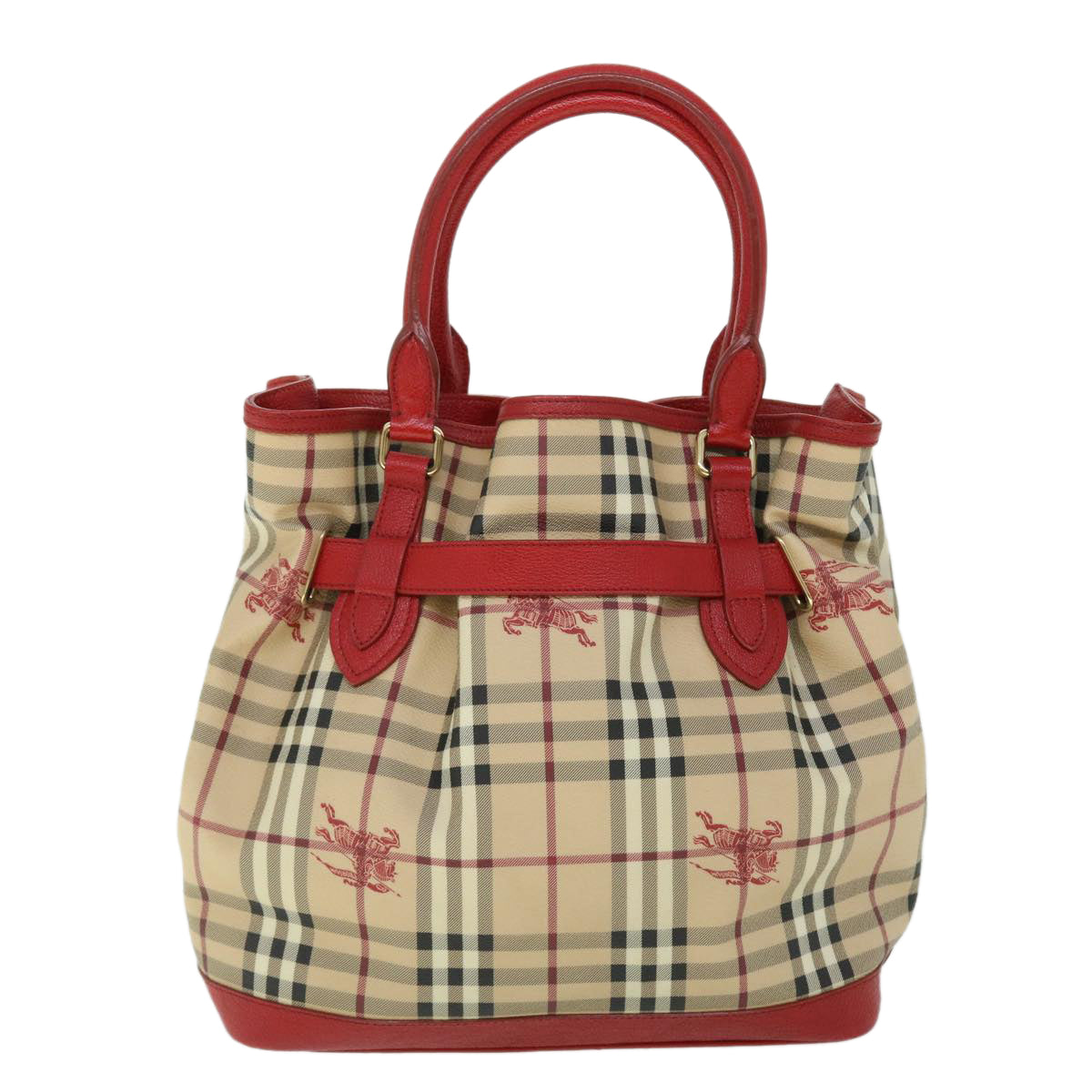 Luxury Burberry Nova Check Tote Bag PVC Leather Beige Red Auth yk8482