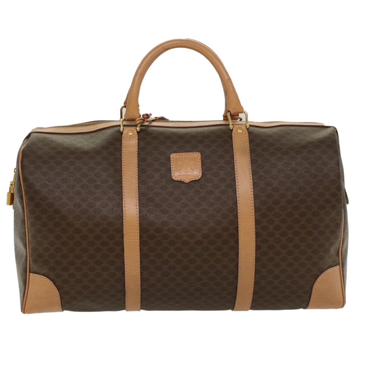 Luxury CELINE Macadam Canvas Boston Bag PVC Leather Brown 8760